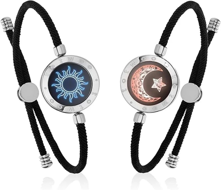 Long Distance Touch Light Up&Vibrate Bracelets for Couples, Long Distance Relationship Gifts Smart Sun&Moon Love Bracelet